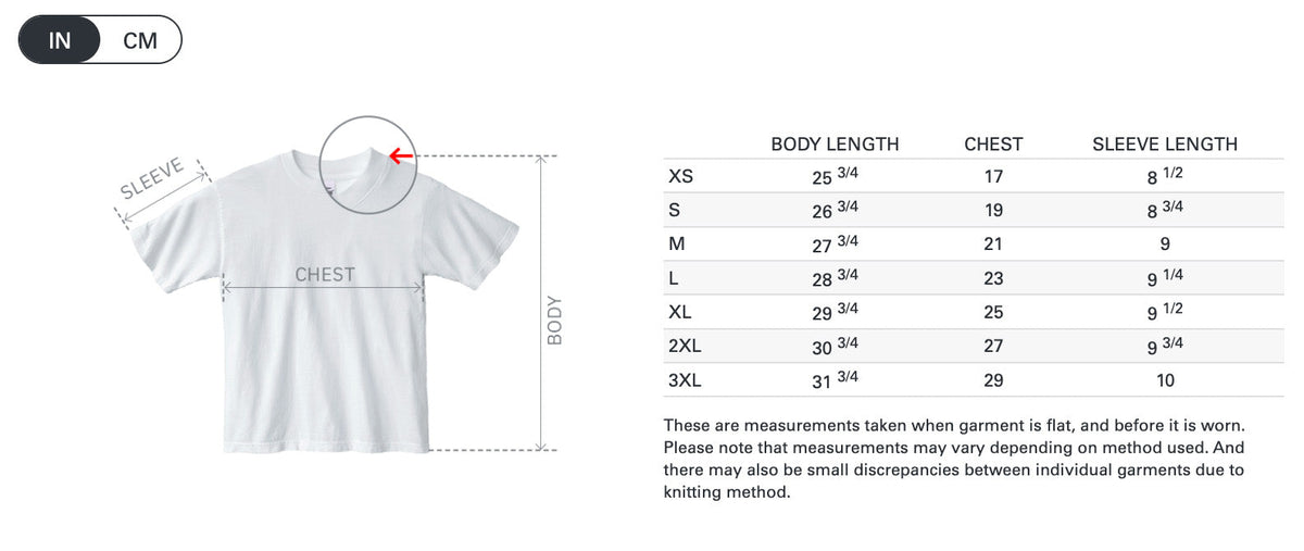 Measurement chart for a white t-shirt with size chart on a white background