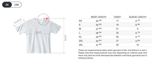 Measurement chart for a white t-shirt with size chart on a white background