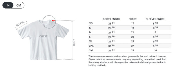 Measurement chart for a white t-shirt with size chart on a white background